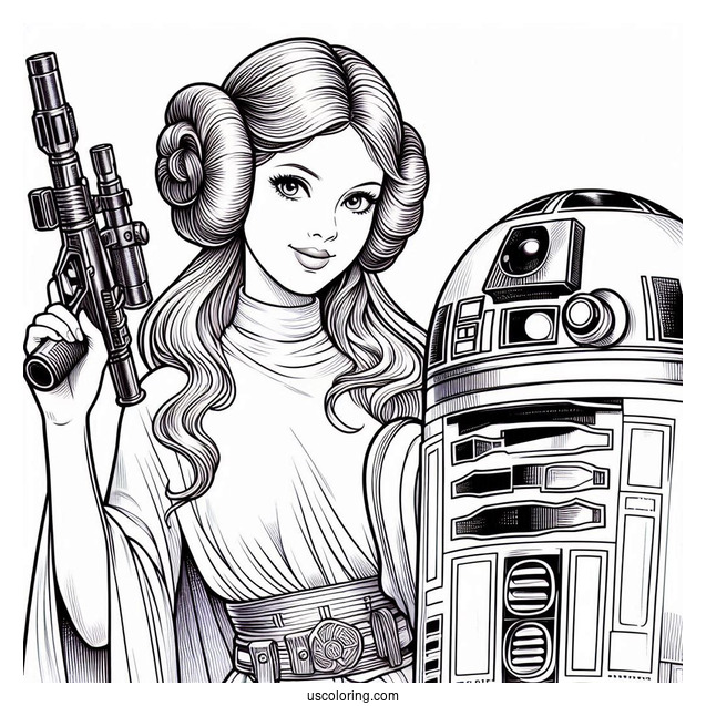 Princess Leia Holding Blaster And R2-D2 Coloring Page