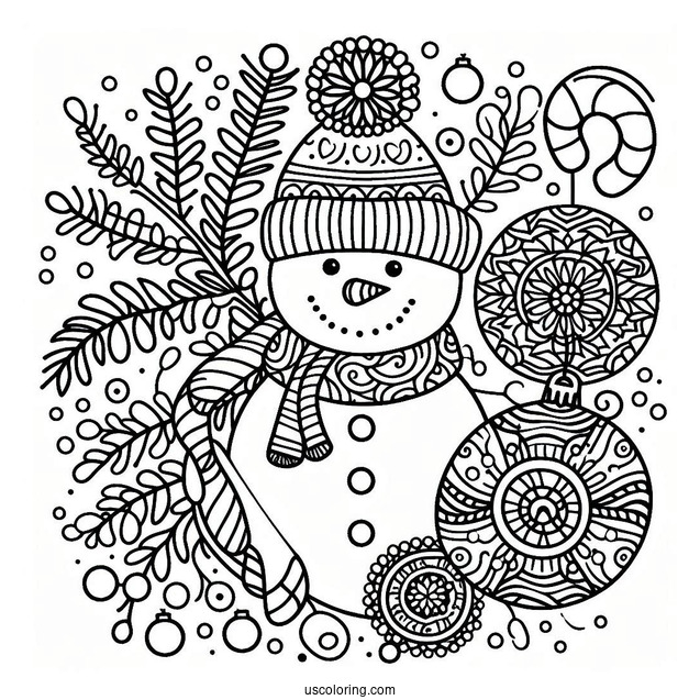 Snowman, Bauble, And Candy Cane Christmas Mandala