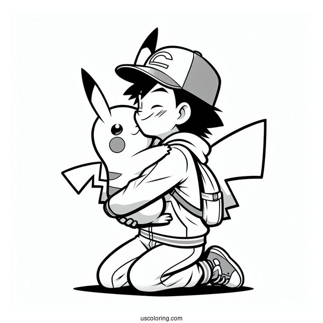 Coloring Page Of Ash Embracing Pikachu