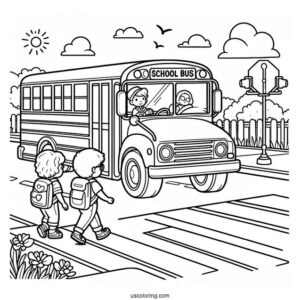 School Bus Coloring Page Waiting For Kids To Cross The Street