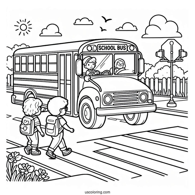 School Bus Coloring Page Waiting For Kids To Cross The Street
