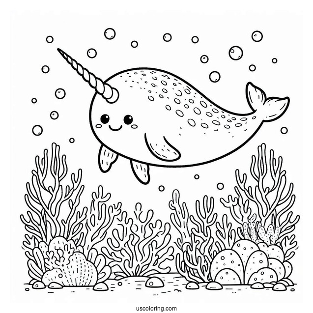 Cute Narwhal Coloring Page Swimming In A Coral Reef For Kids