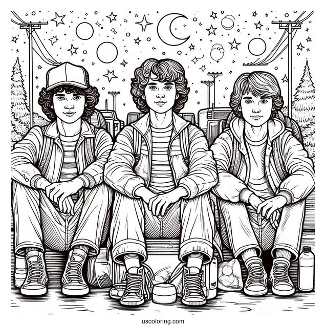 Coloring Sheet Of Dustin, Lucus, Will and Mike