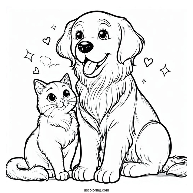 Golden Retriever And Cat Sitting Together Coloring Page
