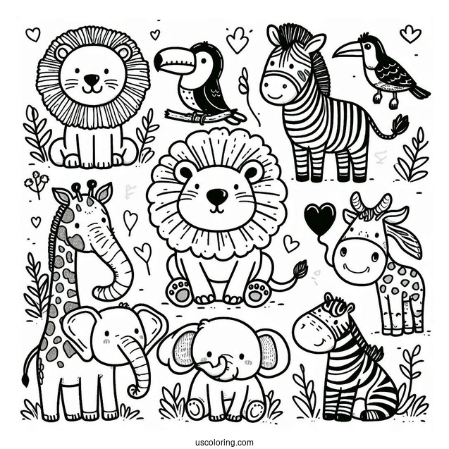 Jungle Coloring Page Of Cute Lion, Buffalo, Crocodile, Zebra, Toucan, Elephant, Giraffe, And Monkey