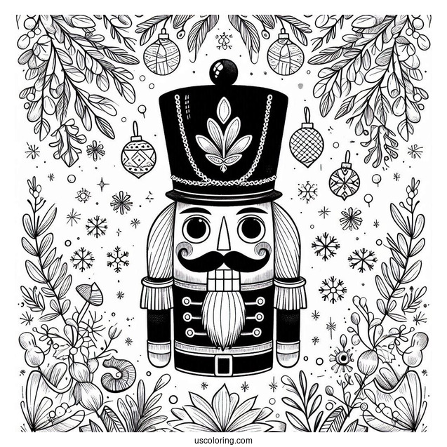 Nutcracker Coloring Page Guards With Laurels And Snowflakes In The Background