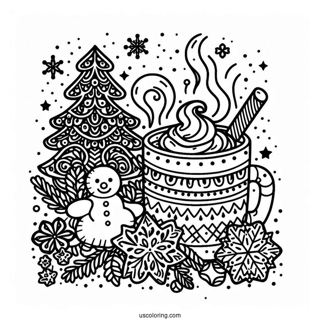 Snowflake Coloring Page With Hot Cocoa And Gingerbread Man