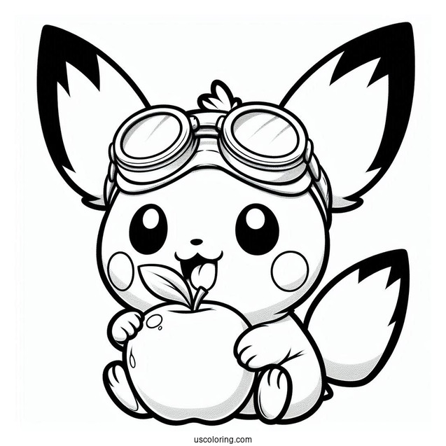 Adorable Pichu Coloring Page Wearing Goggles And Biting An Apple