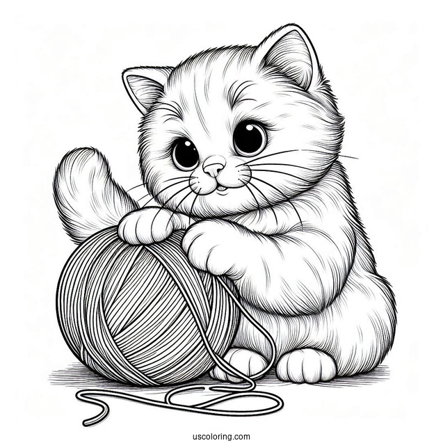 Coloring Sheet Of Realistic Cat Playing With Yarn
