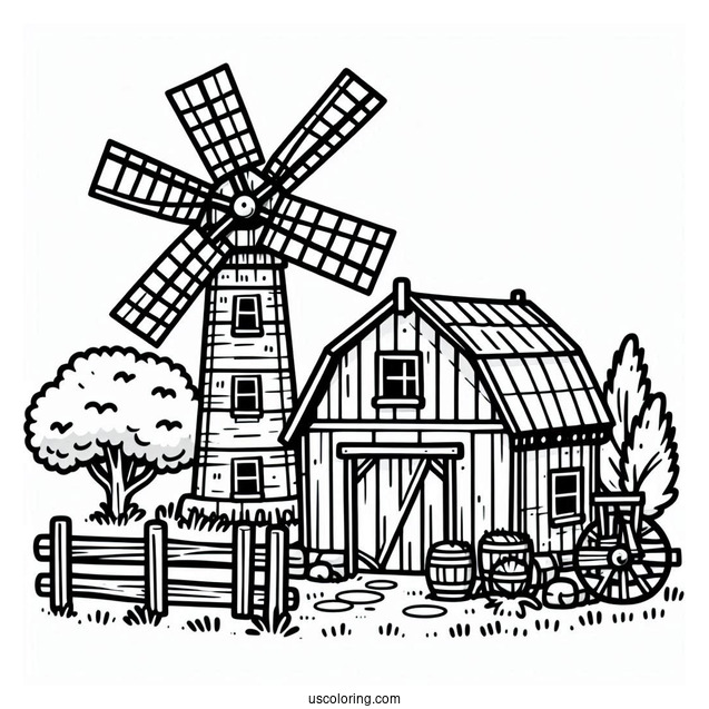 Easy Farm And Windmill To Color