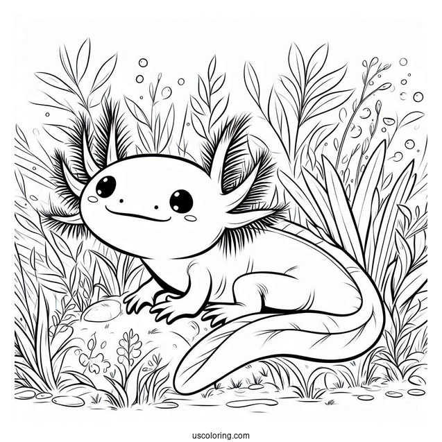 Cheerful Axolotl Coloring Page Swimming Through Weeds