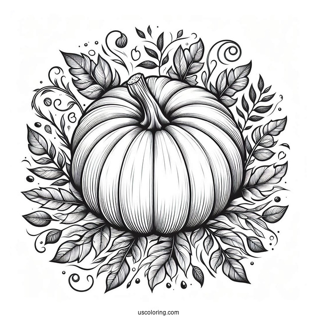 Round Pumpkin Coloring Page Surrounded By Leaves And Vines