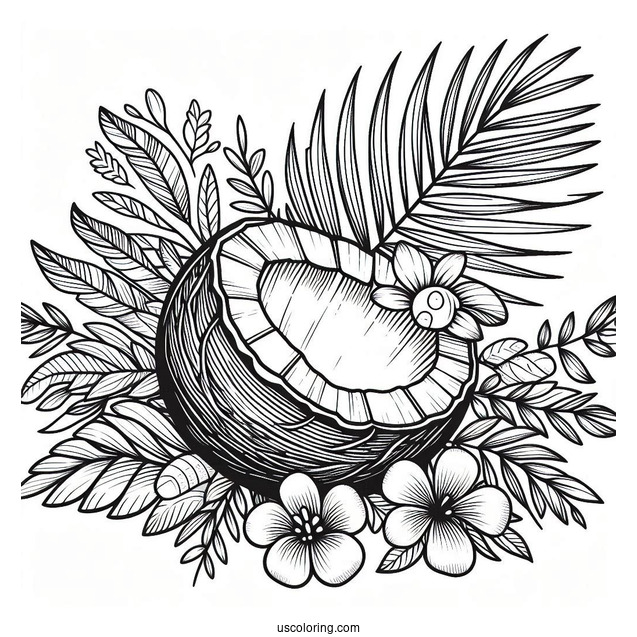 Open Coconut Coloring Page With Leaves And Flowers