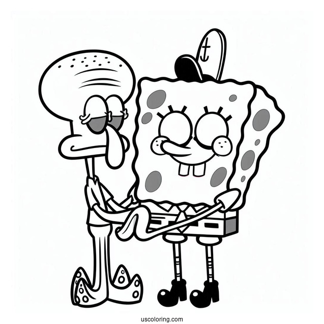 Cute SpongeBob Holding Squidward Coloring Page For Kids