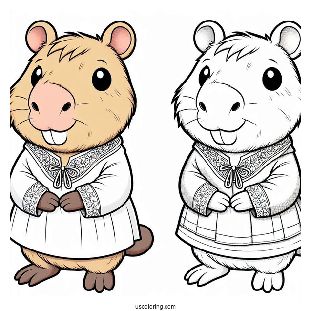 Cartoon Capybara Coloring Page Dressed In A Tunic For Kids
