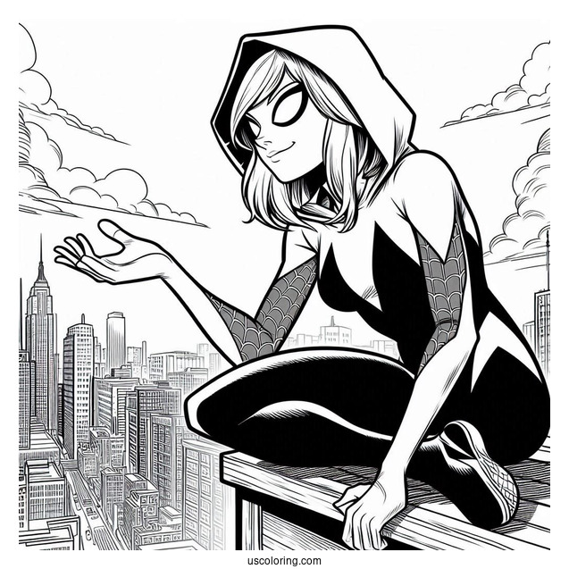 Spider-Gwen Coloring Page On The Edge Of A Building Holding Her Hand Out
