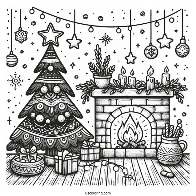 Christmas Tree With Star Next To Fire Place