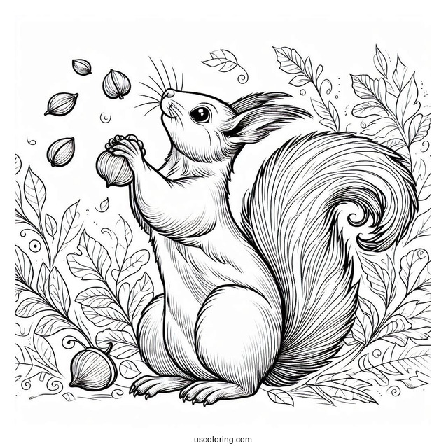 Squirrel Coloring Page Reaching Up For Nuts In Autumn