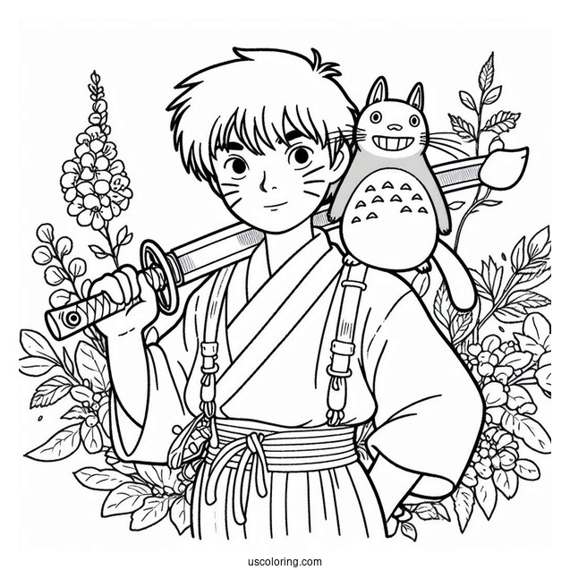 Studio Ghibli Coloring Page of San Holding Knife With Moro