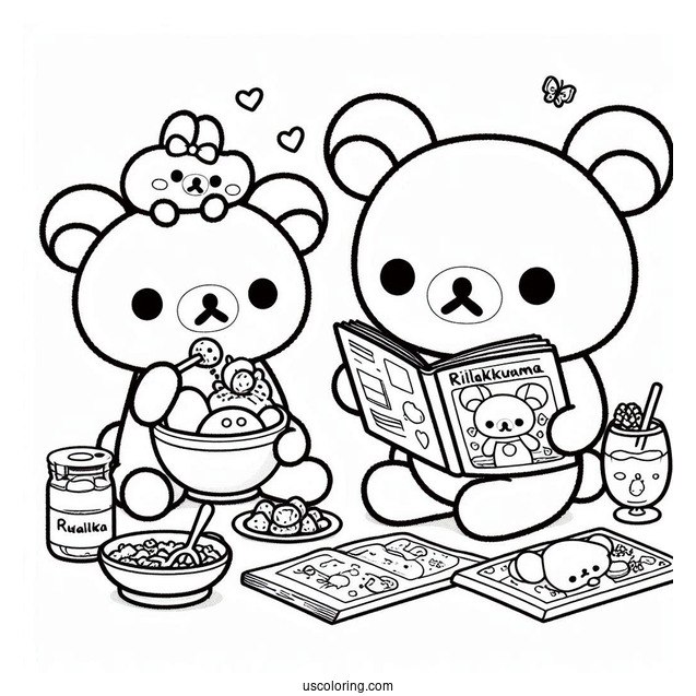 Rilakkuma Coloring Page Of Korilakkuma, And Kiiroitori Eating While Reading Magazine For Kids