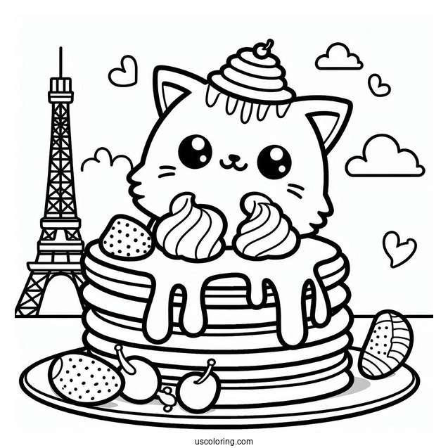 Cartoon Cat Pancake Coloring Page Tower On A Plate