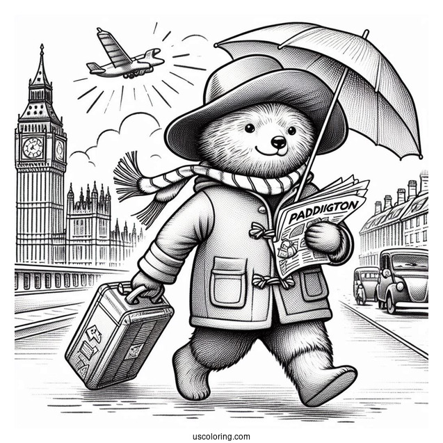 Paddington Coloring Page Rushing In London With His Newspaper, Umbrella, And Suitcase