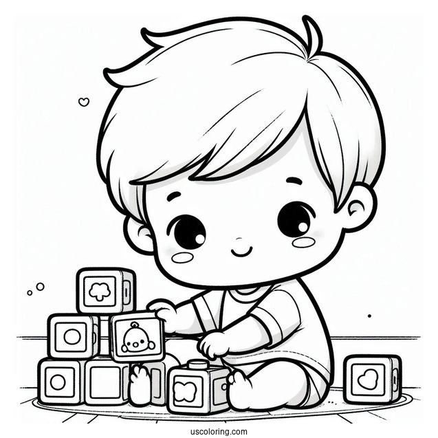Cute Baby Coloring Page Playing With Blocks For Kids
