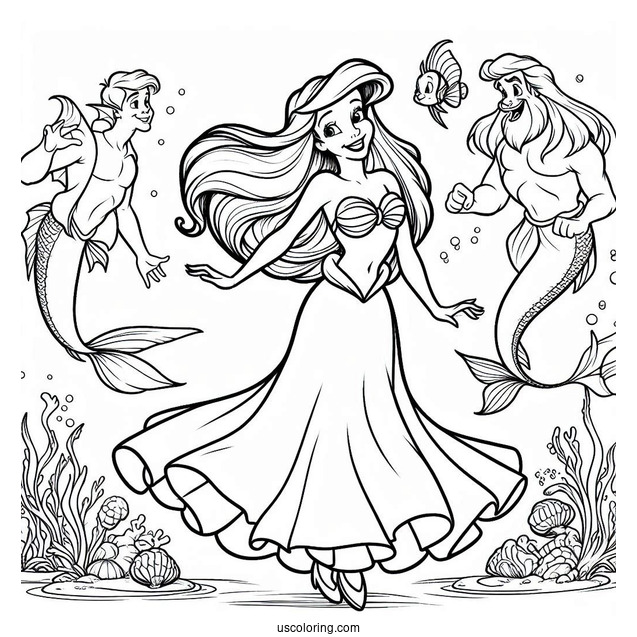 Coloring Sheet Of Ariel Dancing With Triton