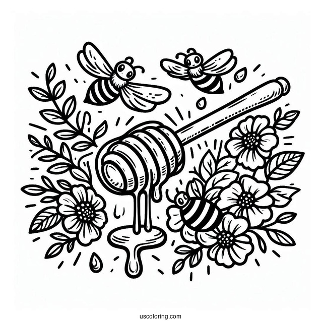 Honey Dipper Dripping With Honey And Surrounded By Bee Coloring Page
