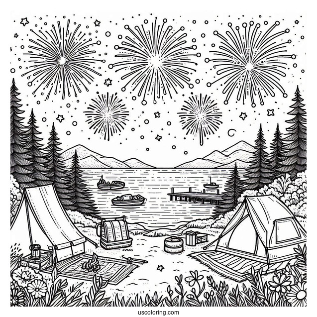 Summer Coloring Page Of Beach Camping With Fireworks In The Sky