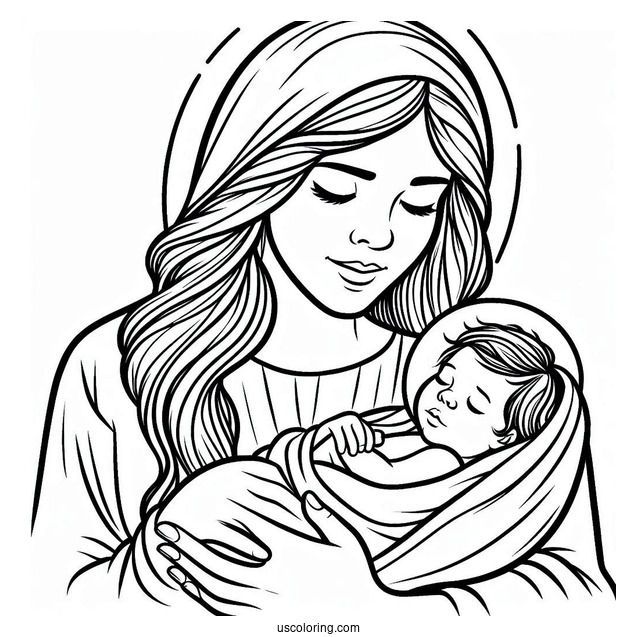 Jesus Coloring Page Cradling A Newborn Baby For Kids