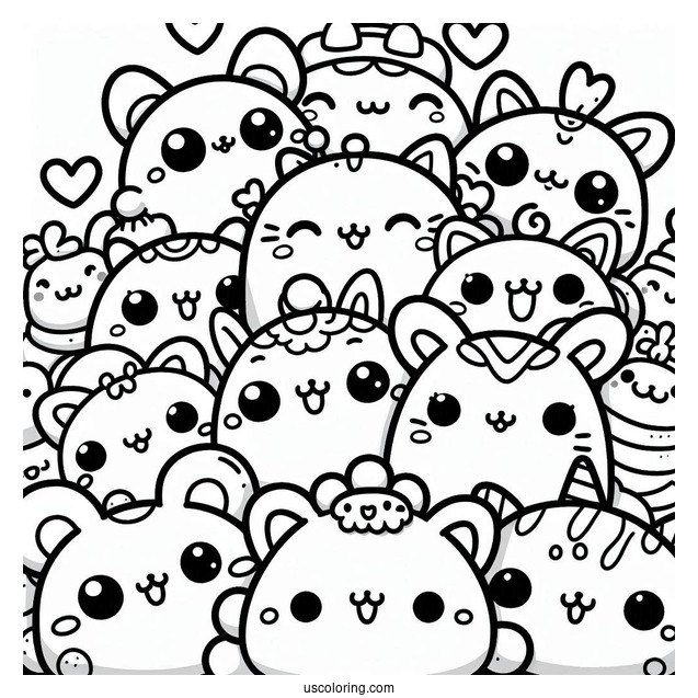 Kawaii Smiling Critters Coloring Page On Top Of Each Other
