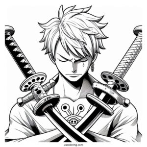 One Piece Coloring Page Of Roronoa Zoro With Three Swords