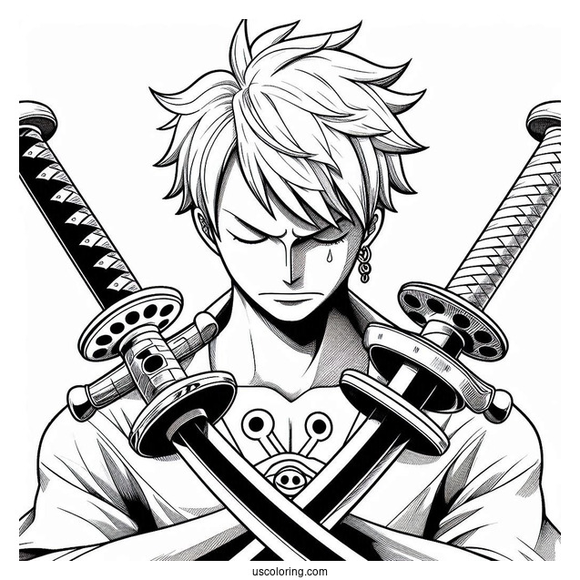 One Piece Coloring Page Of Roronoa Zoro With Three Swords