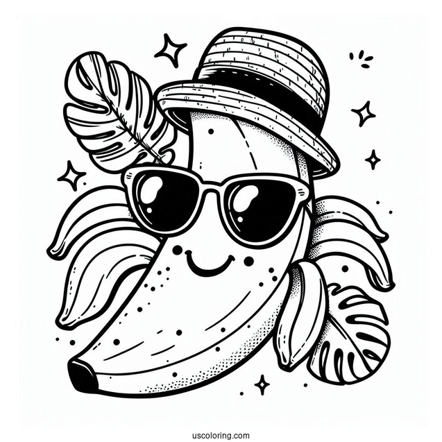 Banana Coloring Page With A Hat And Sunglasses For Kids