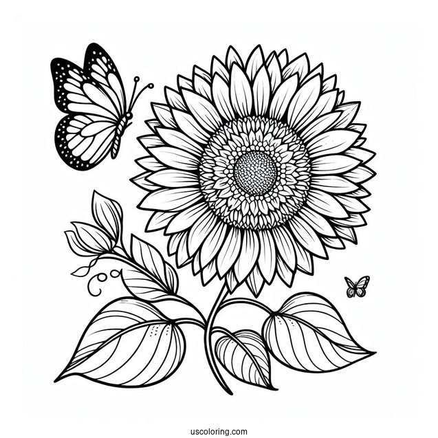 Sunflower With Butterfly Coloring Page