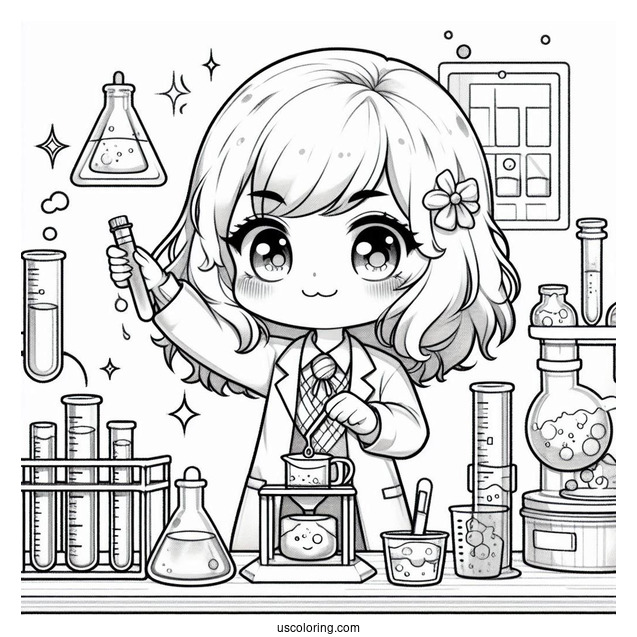 Science Coloring Page Of Chibi Girl Performing Science Experiments In A Lab