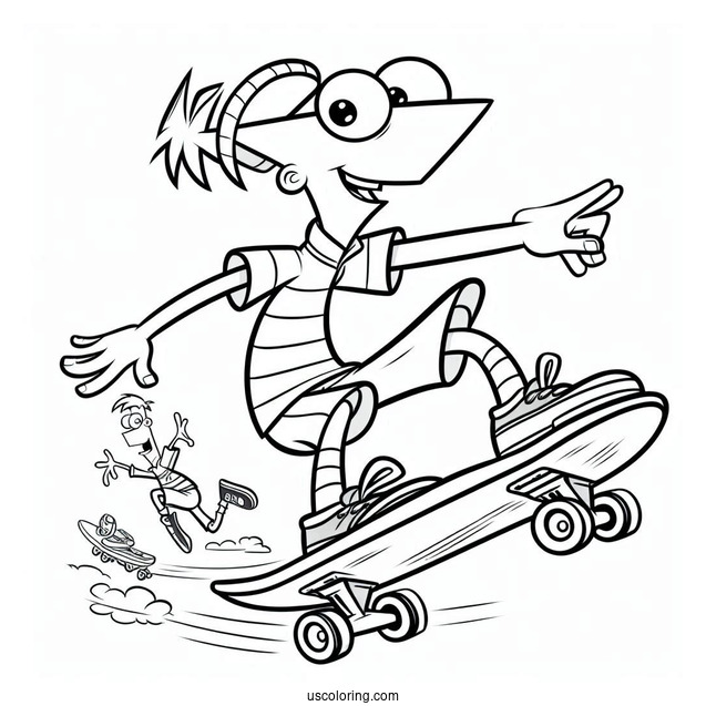 Phineas And Ferb Coloring Page Skateboarding