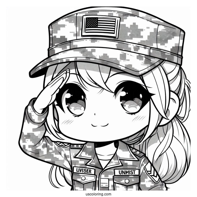 Chibi Female Soldier Coloring Page Saluting In Camouflage Uniform