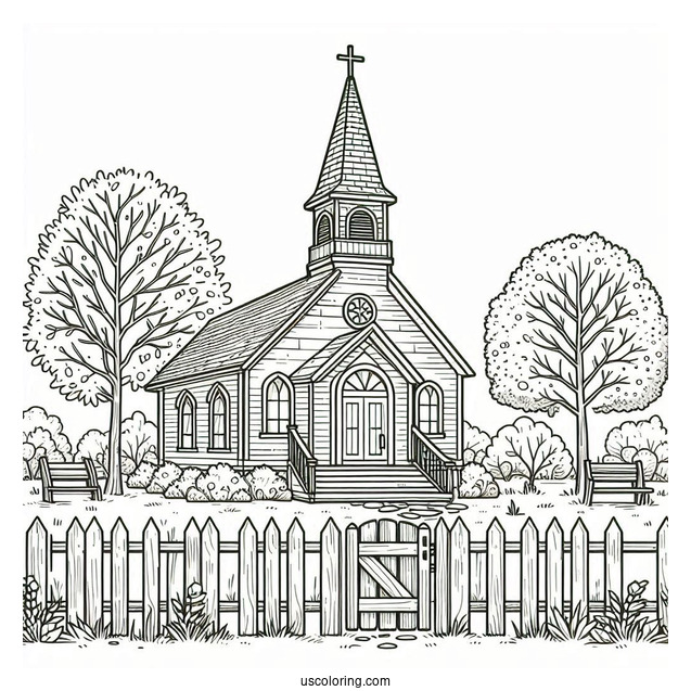 Old Church Coloring Page With A Fence
