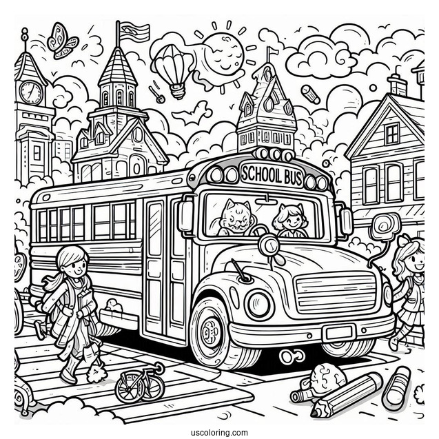 Cartoon School Bus Coloring Page Full of Kids For Kids