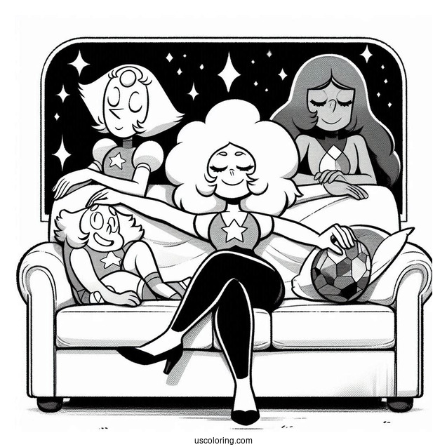 Steven Universe Coloring Page Of Posing On Couch With Amethyst, Pearl, And Garnet
