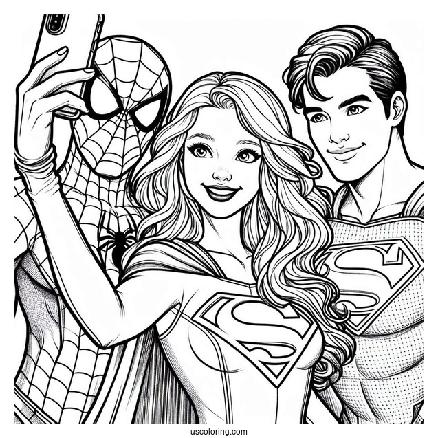Spiderman, Superman, And Supergirl Coloring Page Taking A Selfie