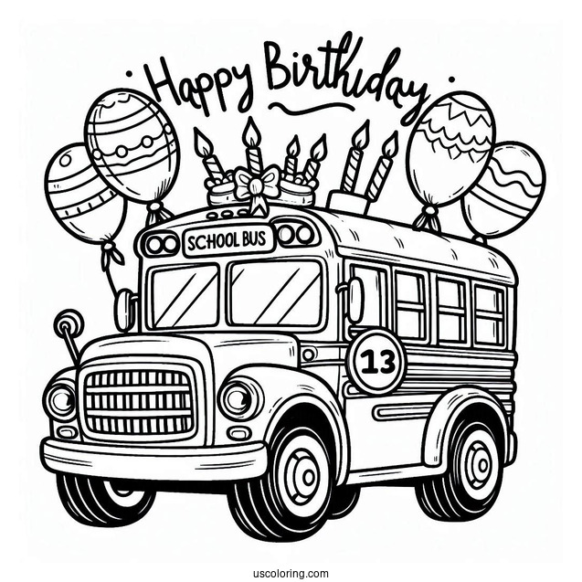 Happy Birthday School Bus Coloring Page With Balloons