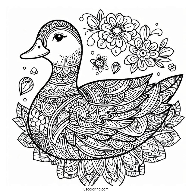 Intricate Duck Mandala with Floral Patterns Coloring Page For Adults