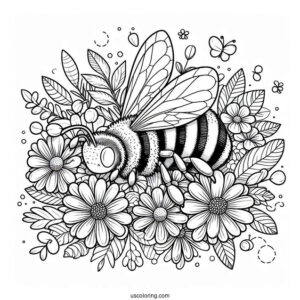 Bee Coloring Page Lying On A Pile Of Flowers And Leaves