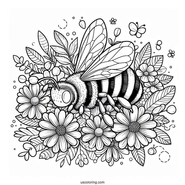 Bee Coloring Page Lying On A Pile Of Flowers And Leaves