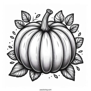 Large Pumpkin Coloring Page With Leaves To Color