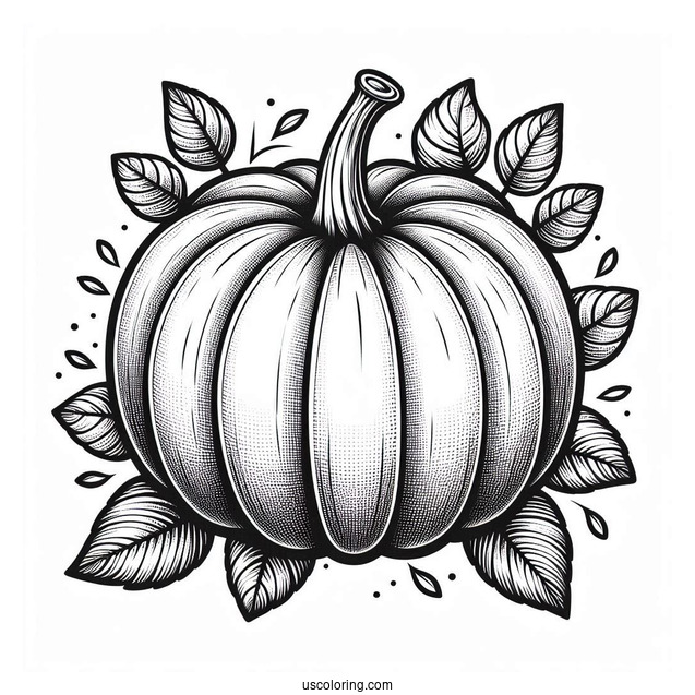 Large Pumpkin Coloring Page With Leaves To Color