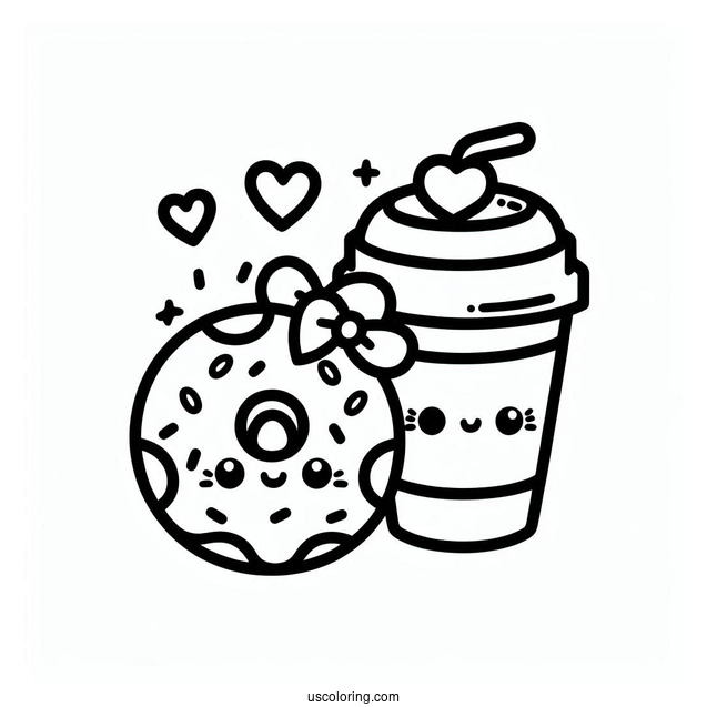 Cute Kawaii Donut And Coffee Coloring Page